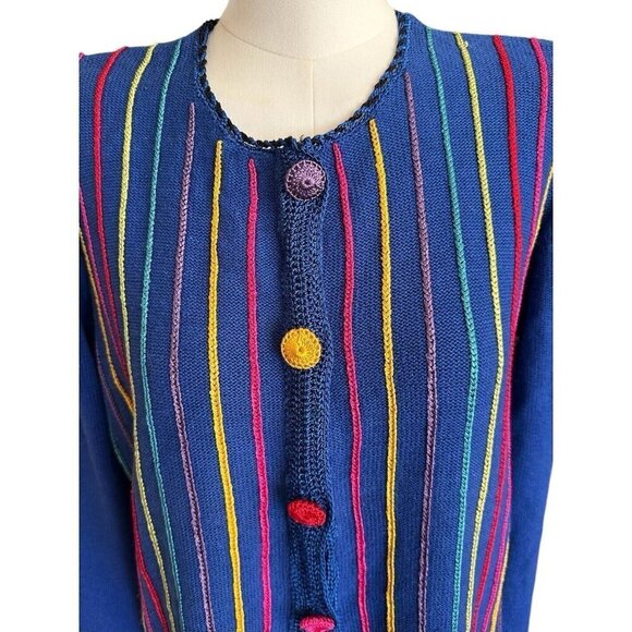 Bedford Fair Lifestyles Blue Striped Colorful Button Up Cardigan Women's Sz L - Picture 6 of 11